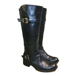 CHOCOLAT BLU NESSA 9 Blk Leather Buckle Zip Tall Stretch Calf Heel Riding Boots